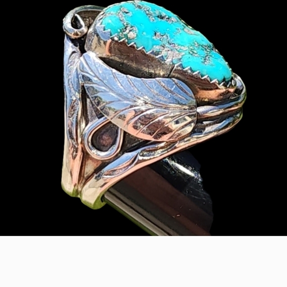 Artisan Turquoise Sterling Silver Native American Leaf Ring Size 10 Jewelry - Picture 4 of 7